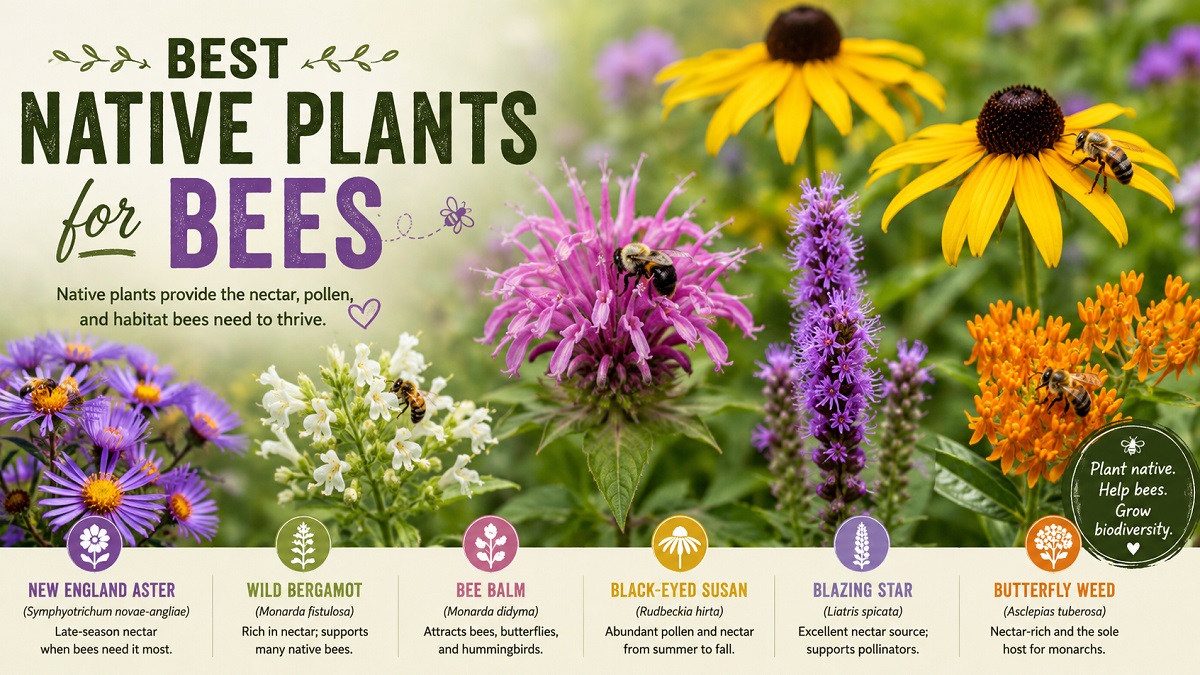 Native flowering plants attracting bees in a pollinator garden