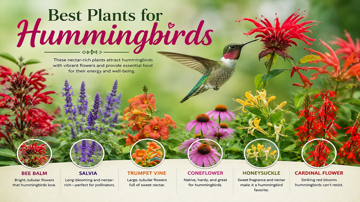Hummingbird feeding on nectar-rich flowers in a hummingbird garden