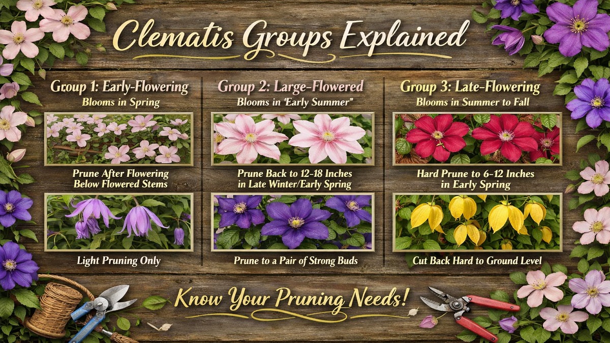 Different clematis flowers showing Group 1, 2, and 3 varieties with various colors and bloom styles growing on garden trellises