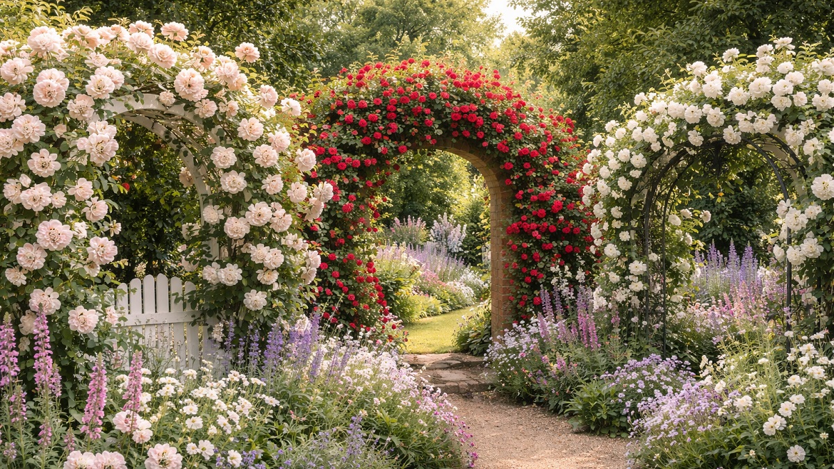 Climbing roses on trellis with pink and red blooms - garden climbing rose plant