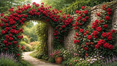 Don Juan climbing rose with deep red velvety flowers growing on a garden trellis in full bloom