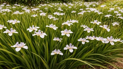 African Iris growing in garden with green foliage and flowers