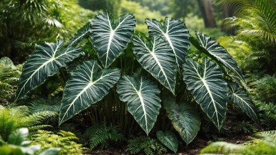Alocasia growing in garden with green foliage and flowers