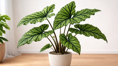Alocasia Jacklyn growing in garden with green foliage and flowers