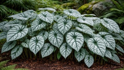 Healthy Alocasia Silver Dragon plant with silver-green textured leaves indoors
