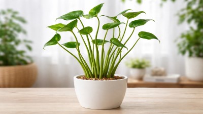 Healthy Alocasia 'Tiny Dancer' plant with curled cup-shaped green leaves indoors