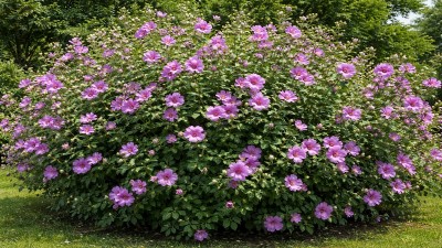 Althea Shrub (Rose of Sharon) growing in garden with green foliage and flowers
