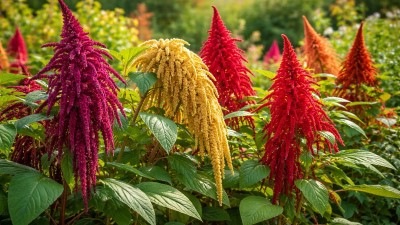 Amaranth growing in garden with green foliage and flowers