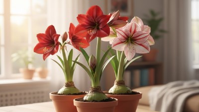 Healthy Amaryllis plant with green leaves in a garden