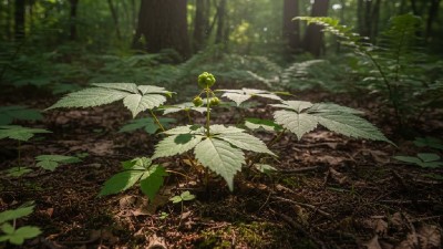 Healthy American Ginseng plant with green leaves in a garden