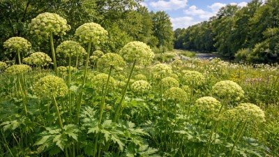 Healthy Angelica plant (Angelica archangelica) growing in garden soil