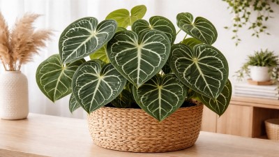 Healthy Anthurium crystallinum plant with large velvety heart-shaped leaves and prominent silvery white veins