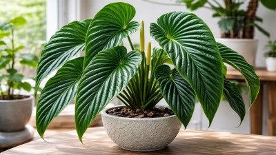 Healthy Anthurium veitchii plant with long pleated cascading green leaves growing indoors