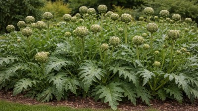 Healthy globe artichoke plant with large edible buds and silvery-green foliage growing in a sunny garden