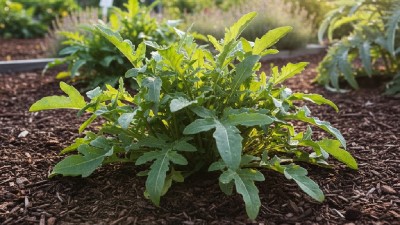 Healthy arugula (rocket) plant with fresh green peppery leaves growing in a garden bed