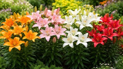 Blooming Asiatic lily (Lilium Asiatic hybrids) with colorful flowers growing in a sunny garden bed