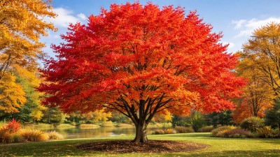 Autumn Blaze Maple Tree with vibrant orange-red fall foliage in a landscaped garden