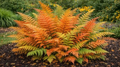 Autumn Fern with copper-colored young fronds in a shaded garden