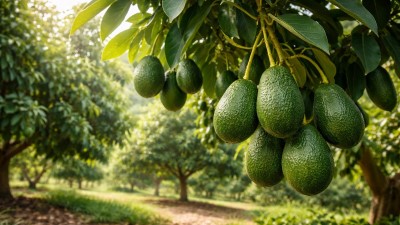 Avocado tree (Persea americana) with ripe green avocado fruits growing on branches