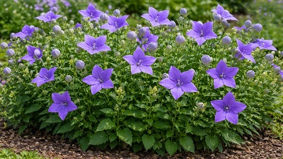 Balloon flowers with purple star-shaped blooms and balloon-like buds in garden