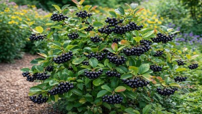 Healthy Black Chokeberry (Aronia melanocarpa) shrub with white spring flowers and dark berries growing in a garden