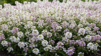 Sweet alyssum (Lobularia maritima) plant covered in small white flowers growing in a garden border