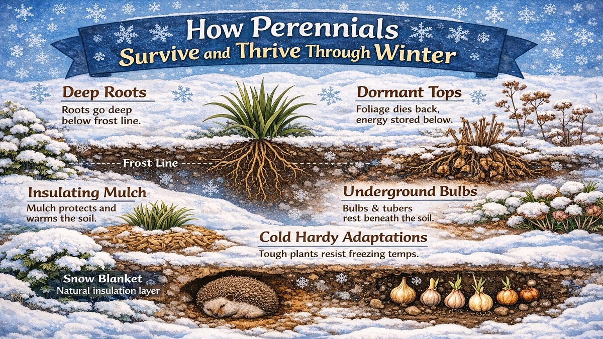 Perennial plants surviving winter through dormancy and underground roots