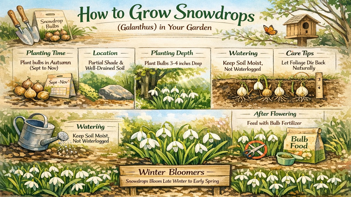 White snowdrop flowers (Galanthus) blooming in late winter garden soil