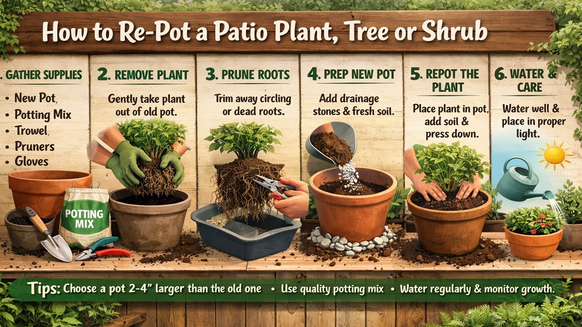 Repotting a patio plant tree into a larger container with fresh soil