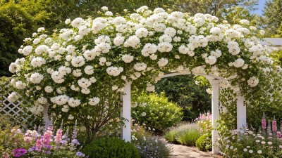 Iceberg Climbing Rose with clusters of pure white flowers growing on a garden trellis