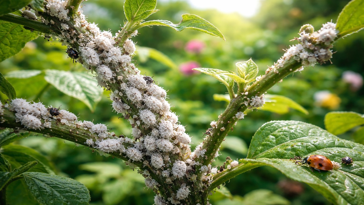 Mealybugs infestation on plant stems and leaves