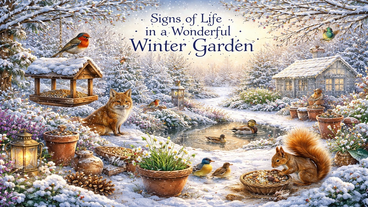Evergreen plants, winter berries, and subtle signs of life in a peaceful winter garden