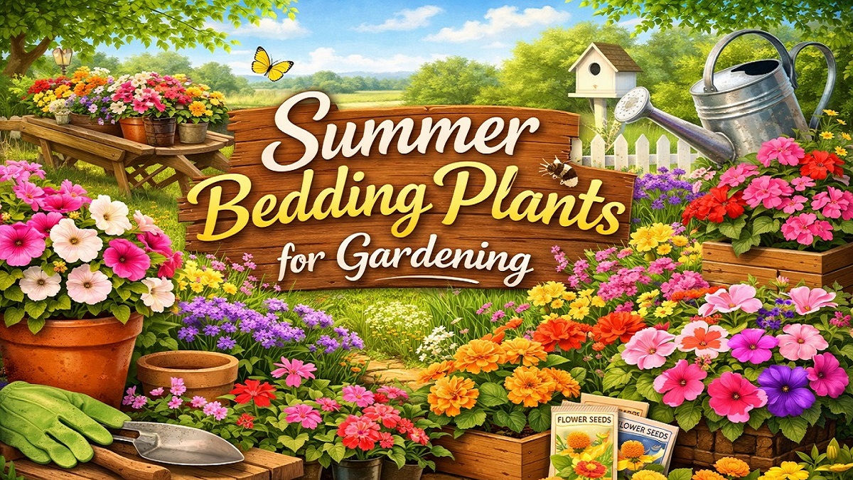 Colourful summer bedding plants including petunias, geraniums, begonias and lobelia in garden borders and hanging baskets